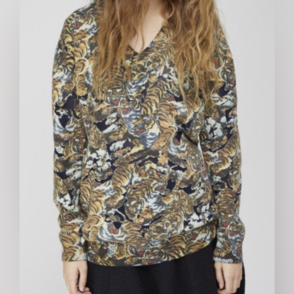 KENZO Paris Flying Tigers Wool Blend Knit V Neck Slouchy Sweater M Oversized